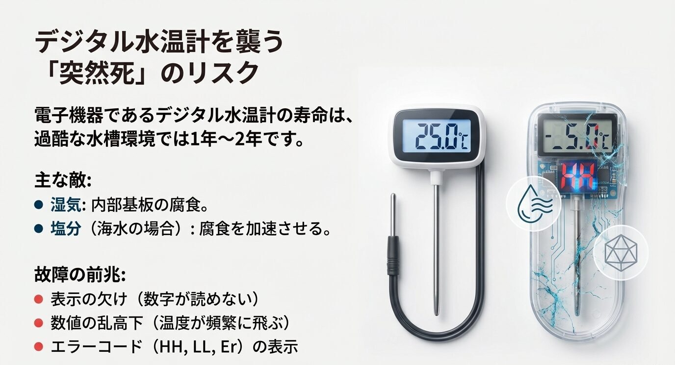 デジタル水温計は湿気や塩分で腐食しやすく寿命1〜2年、表示欠け・数値乱高下・HH/LL/Erなどの前兆があると整理したスライド。