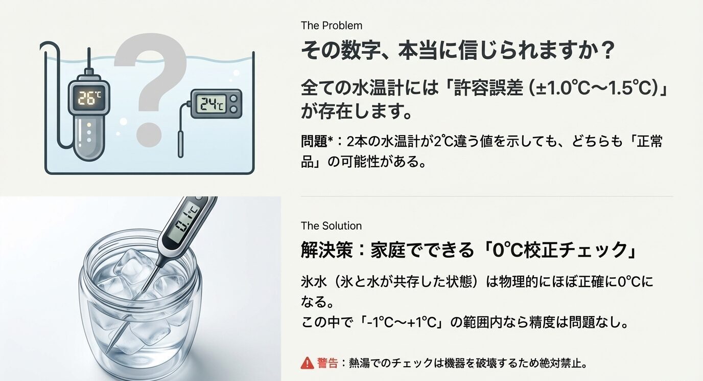 水温計には±1.0〜1.5℃の許容誤差があり得ること、氷水での0℃校正チェックが有効で、熱湯チェックは機器破損のため禁止と示す。