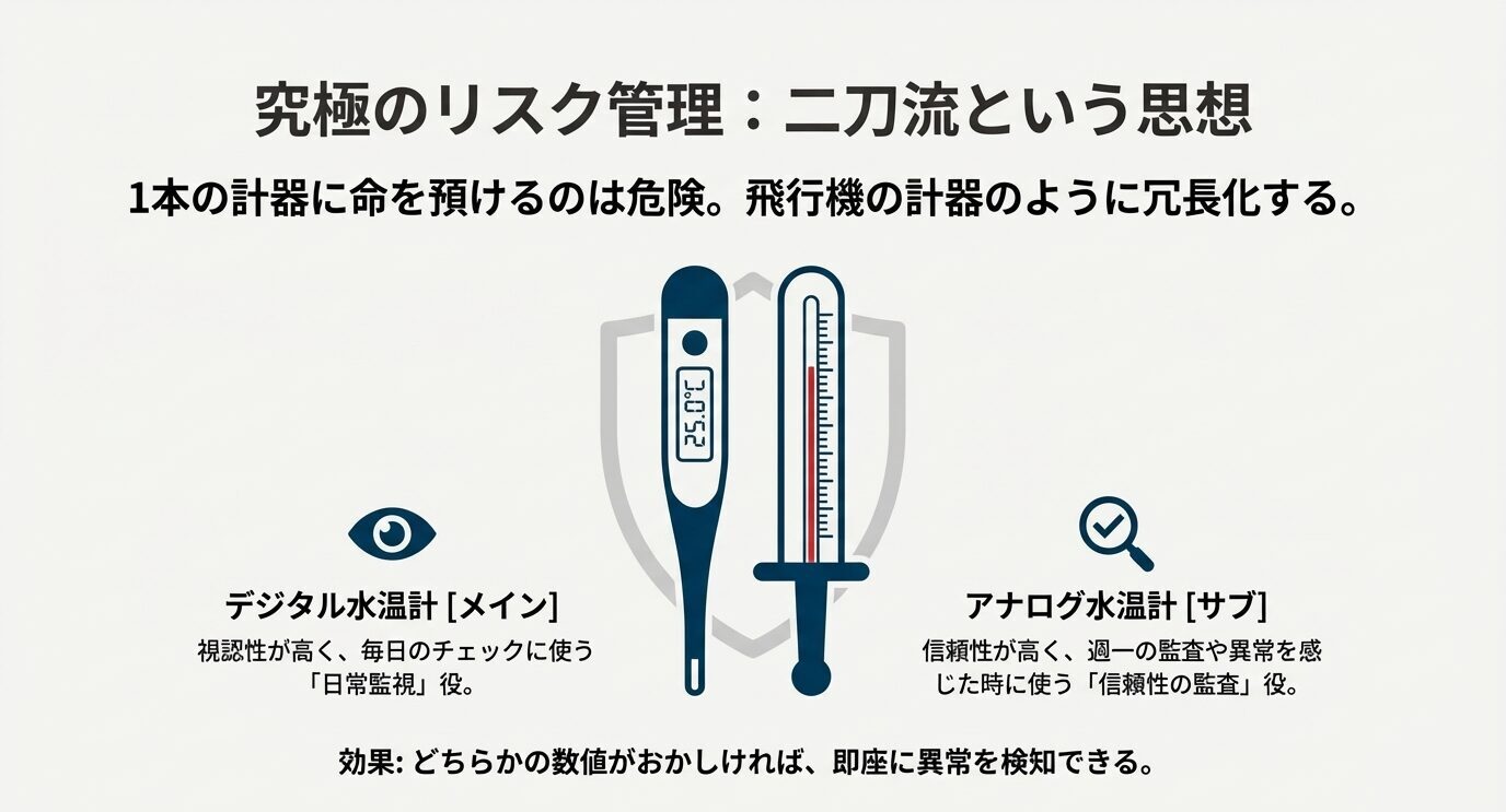 デジタルを日常監視のメイン、アナログを信頼性の監査サブとして2本運用し、どちらか異常なら即検知できる考え方を図示。