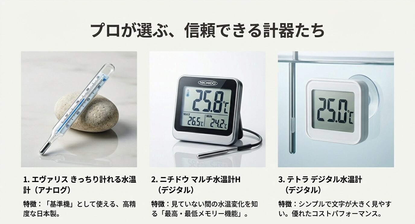 エヴァリス(アナログ高精度)/ニチドウ(最高・最低メモリー)/テトラ(シンプルで見やすい)を写真付きで3つ並べて紹介する。