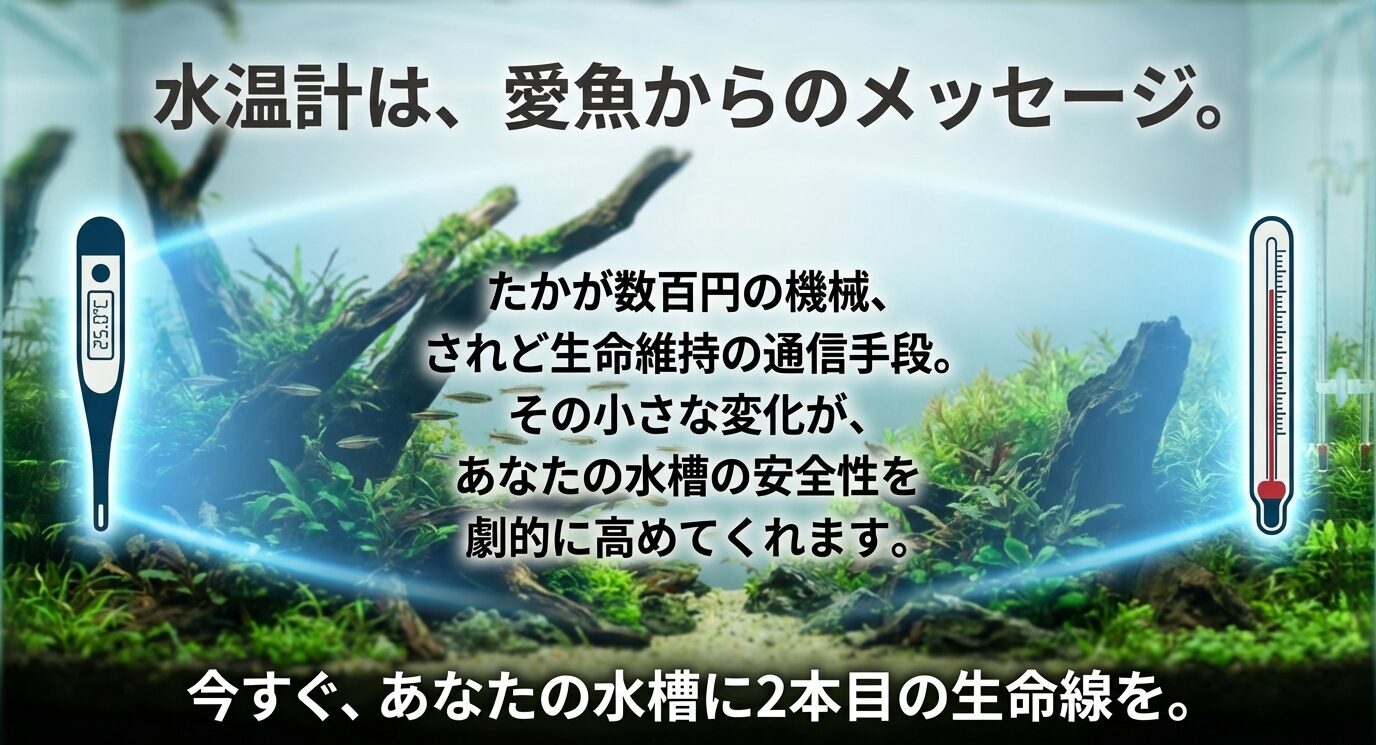 水槽背景にデジタルとアナログの温度計を配置し、水温計は生命維持の通信手段で「今すぐ2本目の生命線を」と締めるメッセージ。