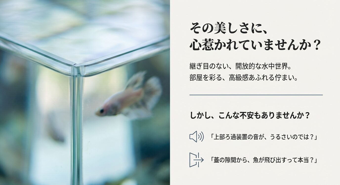 曲げガラス水槽の角の写真と「上部ろ過装置の音がうるさい?」「蓋の隙間から魚が飛び出す?」という不安点を示すスライド