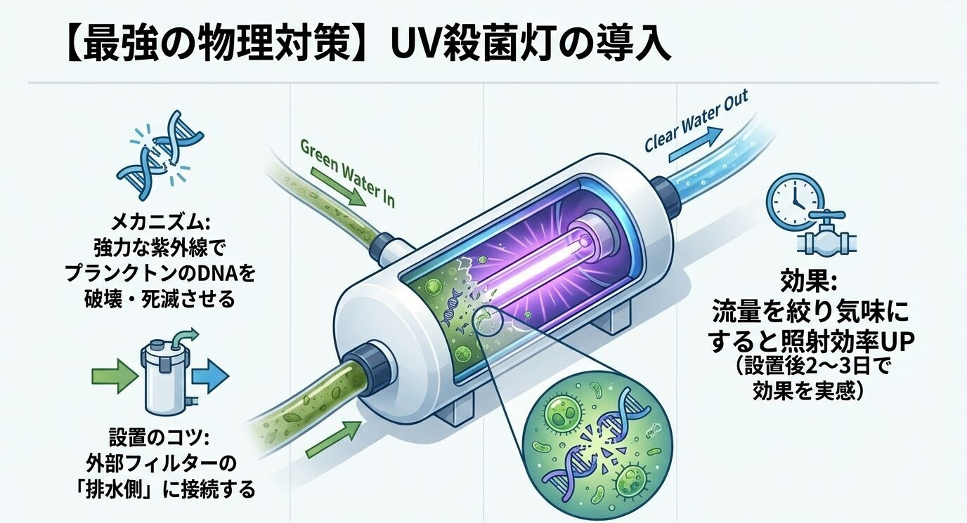 UV殺菌灯で紫外線を照射しプランクトンのDNAを破壊する仕組み。外部フィルターの排水側に接続し、流量を絞ると効果が上がることを示す。