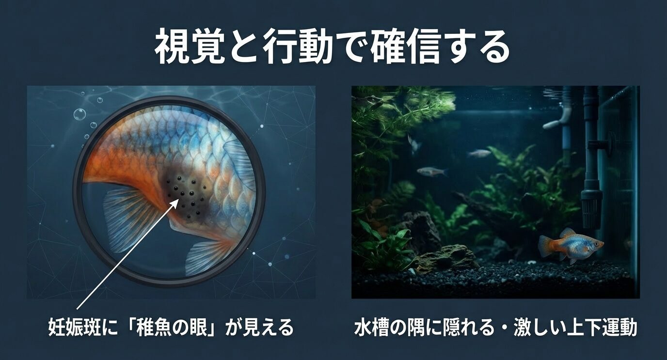 妊娠斑に見える稚魚の眼(黒い点)の例と、水槽の隅に隠れる/上下運動など行動サインをまとめたスライド。