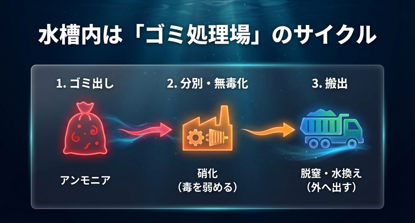 アンモニア→硝化(毒を弱める)→脱窒・水換え(外へ出す)を「ゴミ処理場のサイクル」として図解したスライド