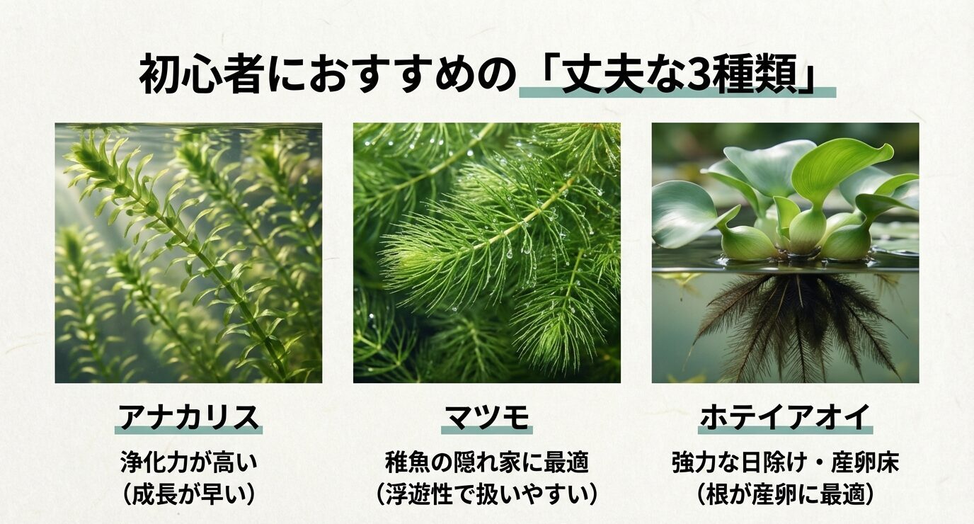 アナカリス・マツモ・ホテイアオイの写真3枚と、それぞれの特長(浄化力、稚魚の隠れ家、日除け・産卵床)をまとめたスライド。