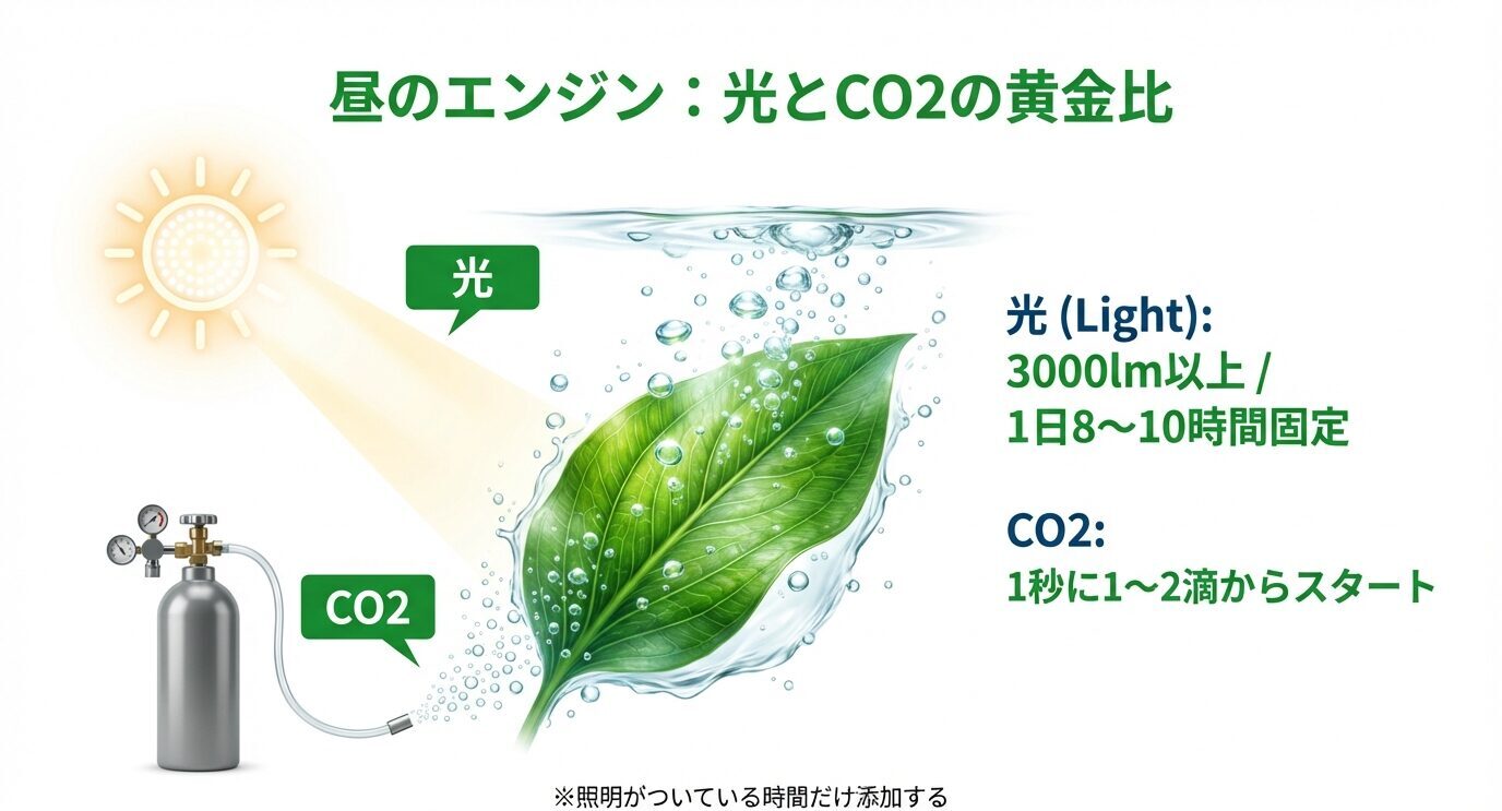 光とCO2がそろうと気泡が増えることを示す図。目安として「光:3000lm以上/1日8〜10時間固定」「CO2:1秒に1〜2滴からスタート」「照明がついている時間だけ添加」と書かれている。