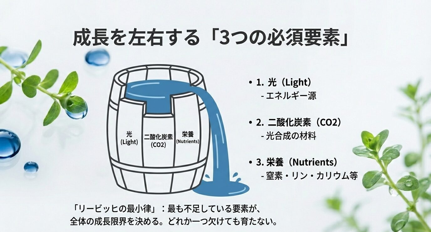 樽の図に「光(Light)」「二酸化炭素(CO2)」「栄養(Nutrients)」が描かれ、どれか一つの不足が成長を制限する(リービッヒの最小律)ことを示している。