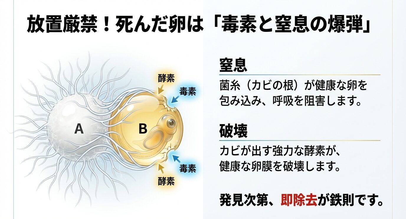 カビた卵から伸びる菌糸が健康な卵を包み込み呼吸(ガス交換)を妨げる「窒息」と、酵素で卵膜を壊す「破壊」を図で説明し、「発見次第、即除去が鉄則」と強調するスライド。