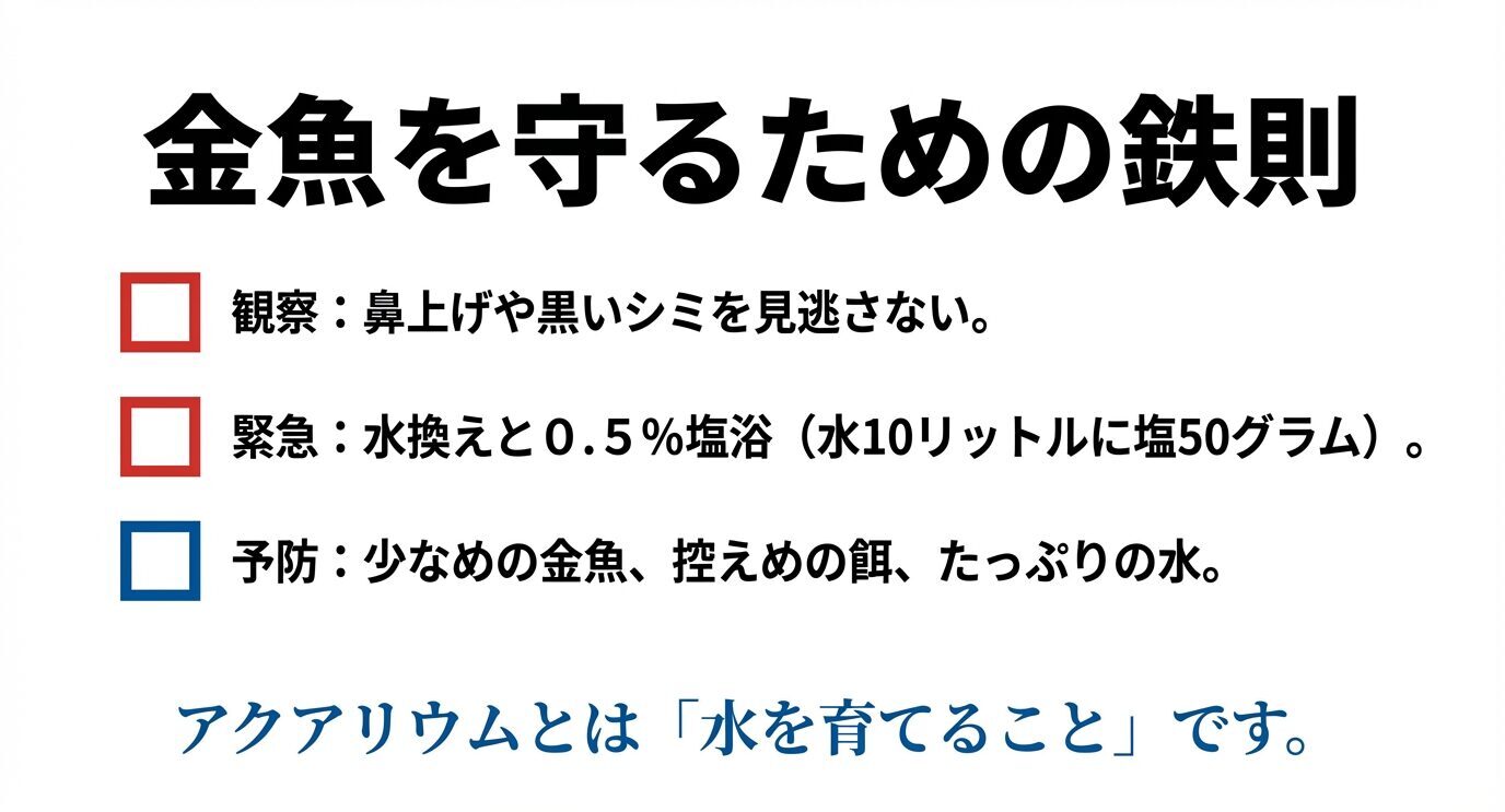 金魚を守るためのチェックリスト。観察:鼻上げや黒いシミを見逃さない。緊急:水換えと0.5%塩浴(10Lに塩50g)。予防:少なめの金魚、控えめの餌、たっぷりの水。『アクアリウムとは水を育てること』というメッセージがある。