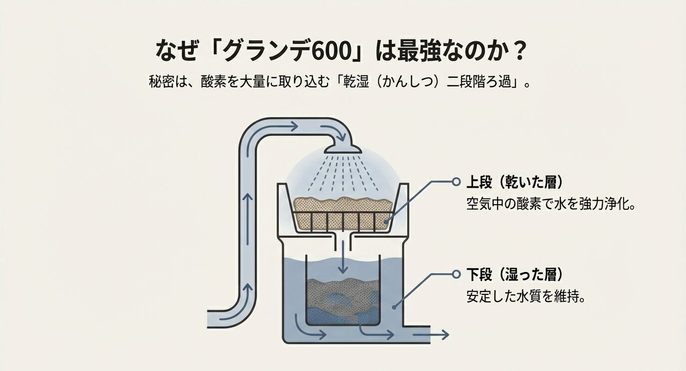 上段の乾いた層にシャワー状に水が落ち、下段の湿った層へ流れる二段ろ過(乾湿)を示す模式図スライド