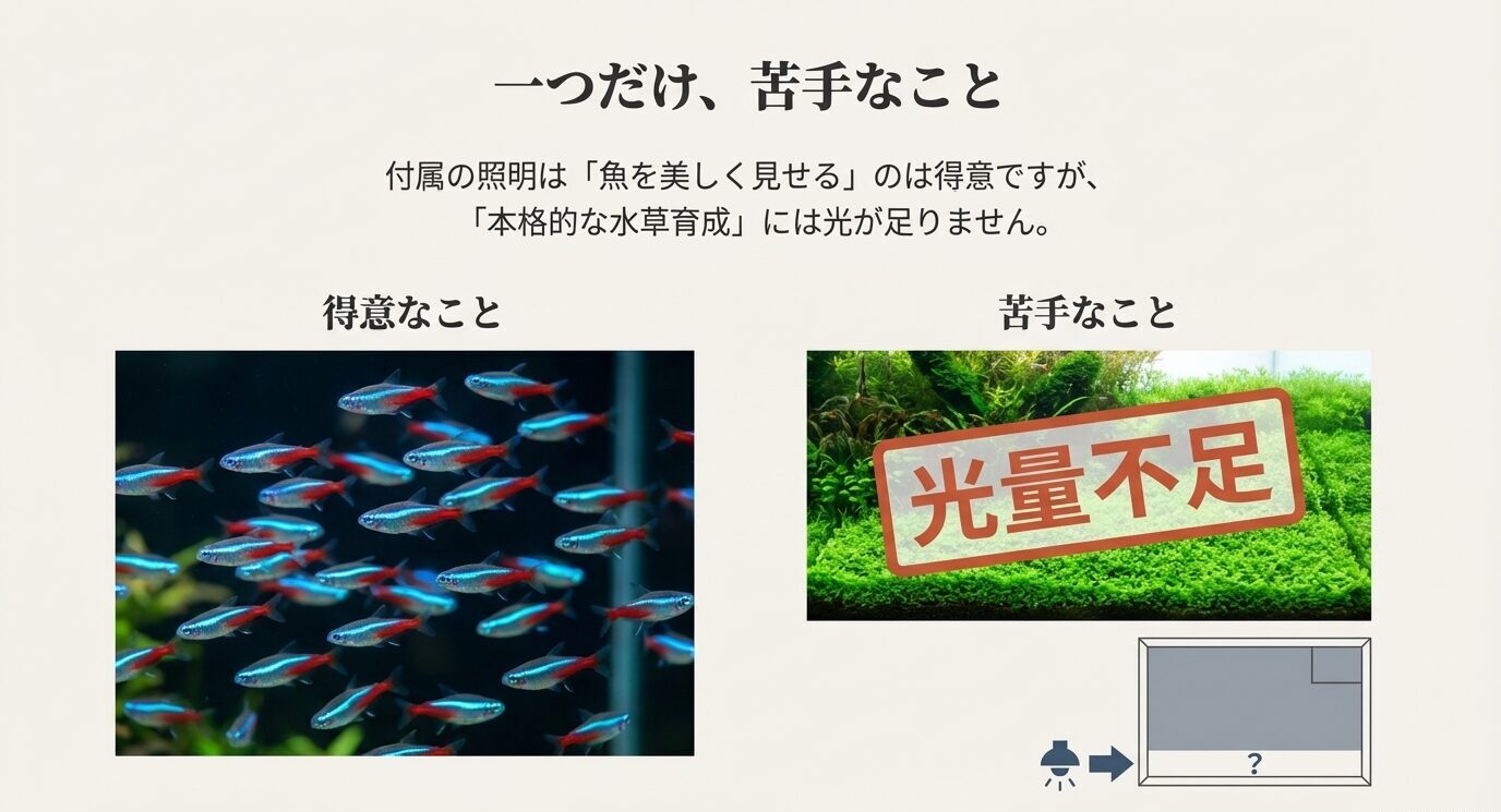 左に群泳する小魚の写真(得意)、右に「光量不足」と書かれた水草写真(苦手)を並べた比較スライド