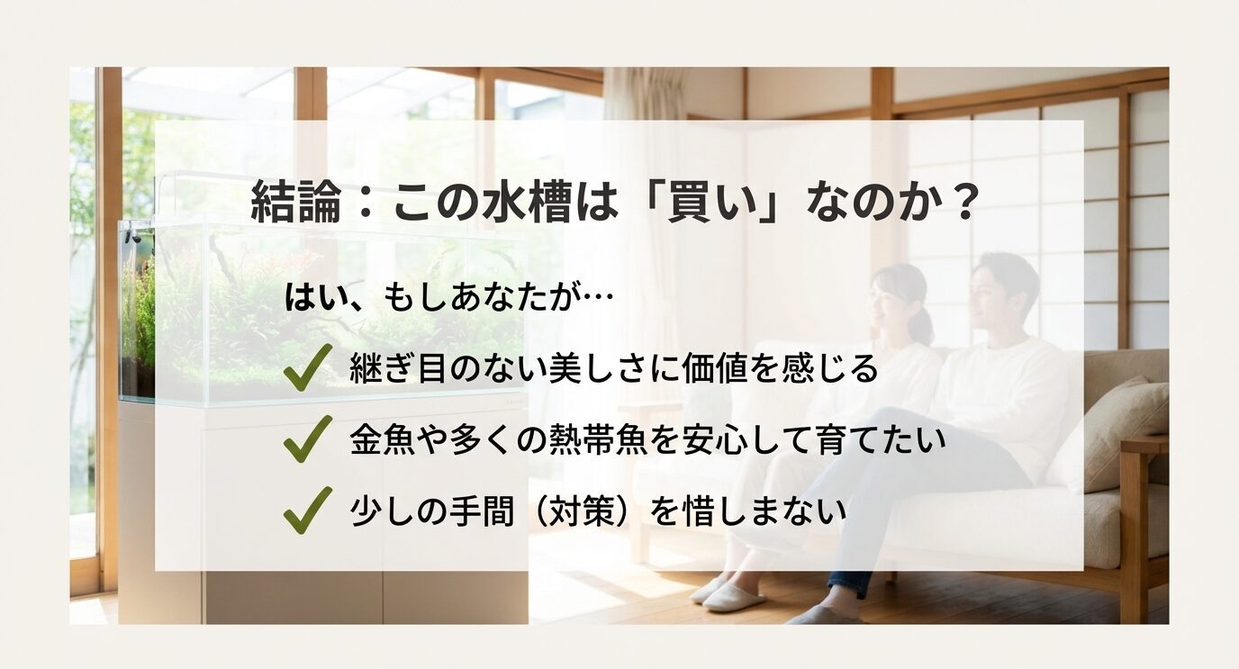 「継ぎ目のない美しさに価値」「金魚や熱帯魚を安心して育てたい」「少しの手間(対策)を惜しまない」など、買いの条件をチェックマークで示す結論スライド