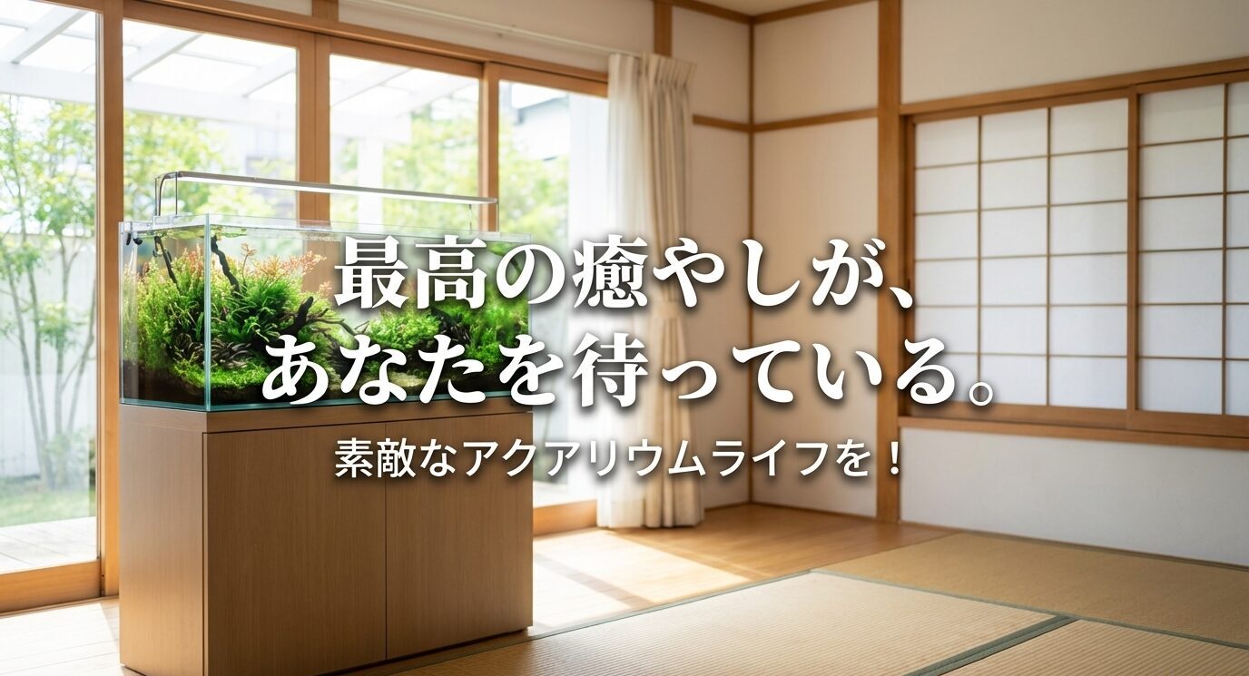 和室の部屋に置かれた水槽写真と「最高の癒やしが、あなたを待っている。素敵なアクアリウムライフを!」という締めメッセージのスライド