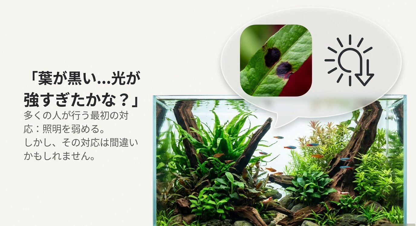 水槽レイアウト写真と電球アイコン。吹き出しに「葉が黒い…光が強すぎたかな?」、本文に「最初の対応=照明を弱める/しかし間違いかもしれない」。