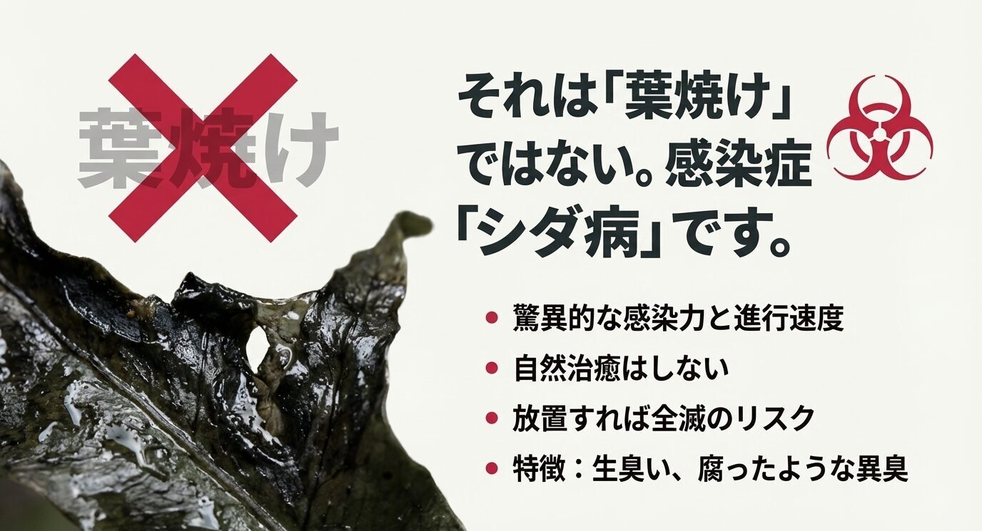 黒く溶けた葉の写真とバイオハザード記号。「葉焼けではない。感染症『シダ病』」とあり、感染力・進行速度・自然治癒しない・放置で全滅・腐敗臭が特徴と箇条書き。