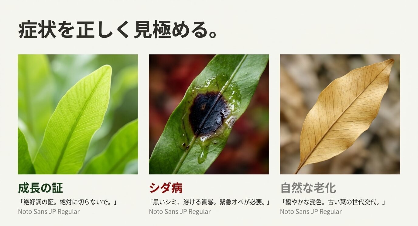 3枚の写真比較。「成長の証(透明な新芽)」「シダ病(黒いシミ・溶け)」「自然な老化(褐色化)」のラベル付き。