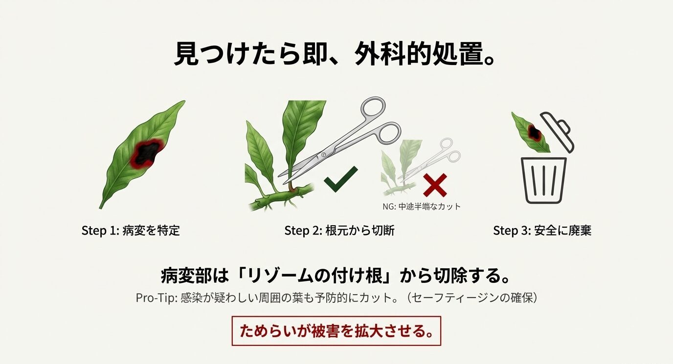 3ステップ図解。病変を特定→リゾーム付け根から切断(途中切りは×)→安全に廃棄。下部に「ためらいが被害を拡大させる」。