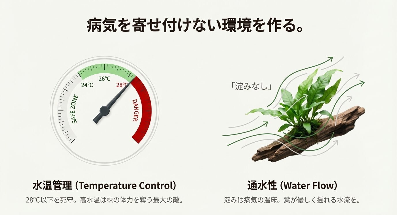 温度計メーター(24–26℃安全域、28℃危険)と、水流矢印で囲まれたミクロソリウムのイラスト。「水温管理」「通水性(淀みなし)」の2項目。