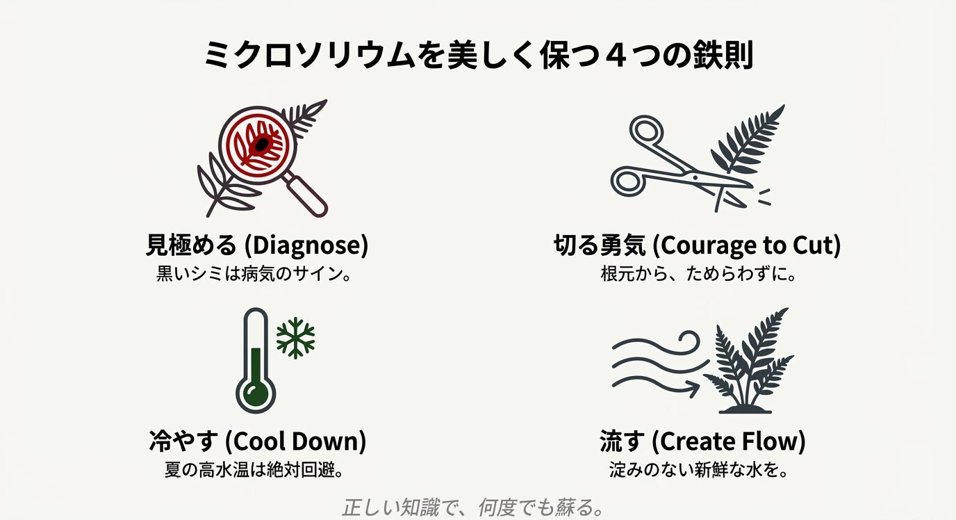 4アイコンで「見極める(黒いシミは病気のサイン)/切る勇気(根元から)/冷やす(夏の高水温回避)/流す(淀みのない新鮮な水)」を提示。
