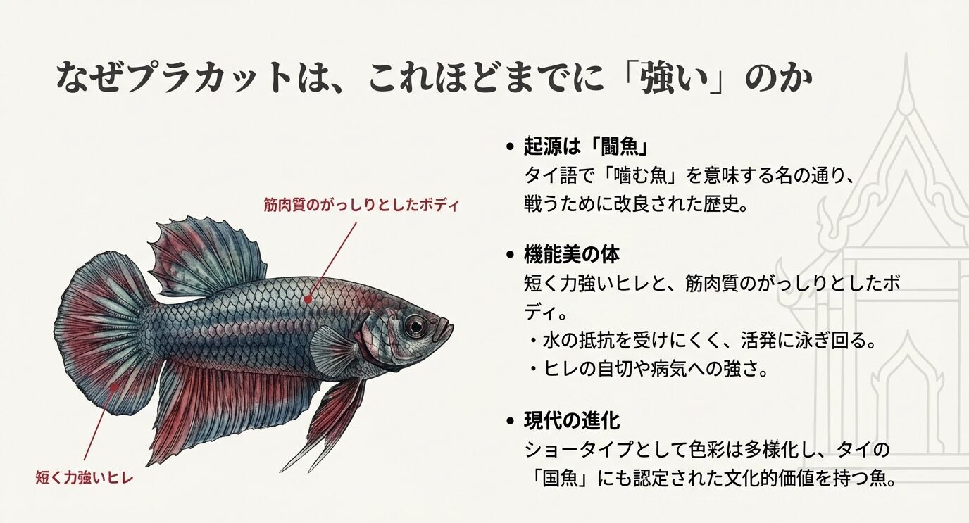 プラカットが強健な理由を、起源(闘魚)、短く強いヒレと筋肉質の体、水の抵抗が少ない点などの箇条書きで説明した図解スライド。