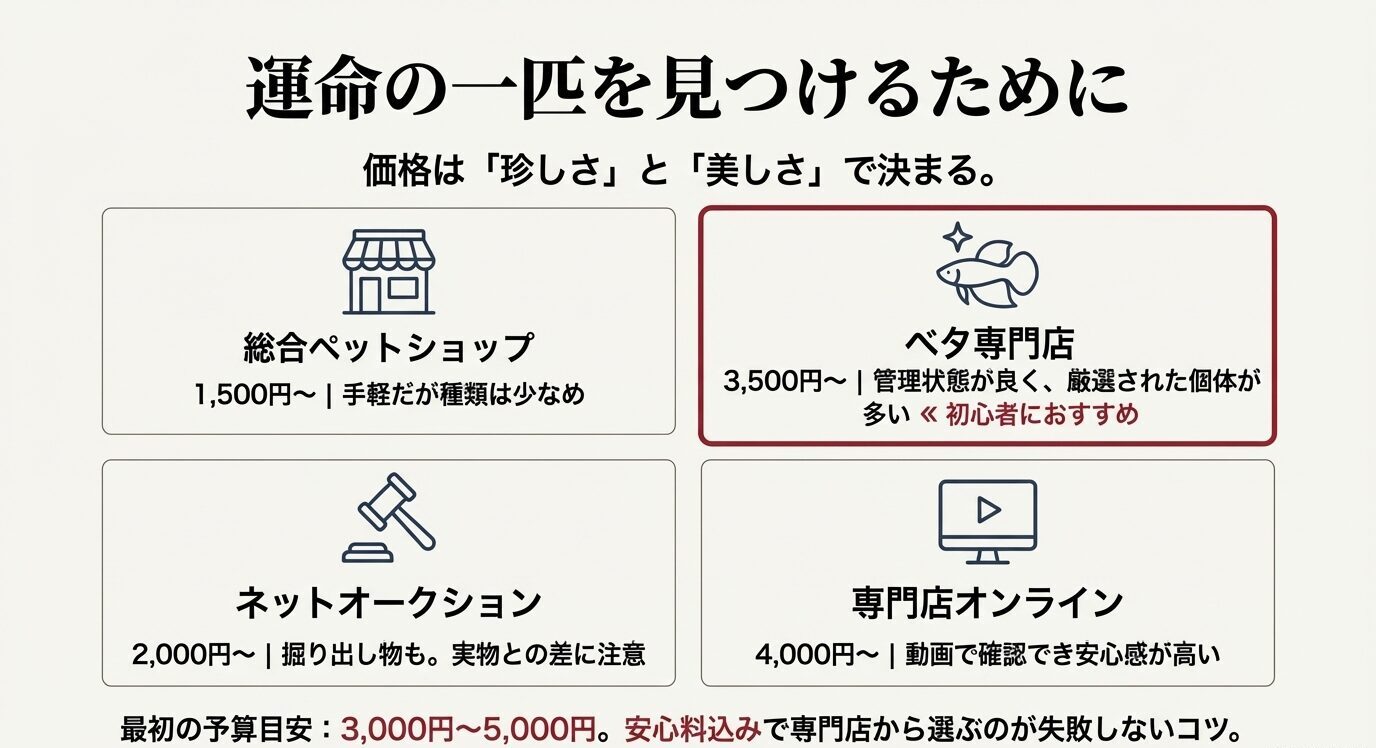 総合ペットショップ、ベタ専門店、ネットオークション、専門店オンラインの4ルートをアイコン付きで示し、価格帯と特徴をまとめた相場の図解スライド。