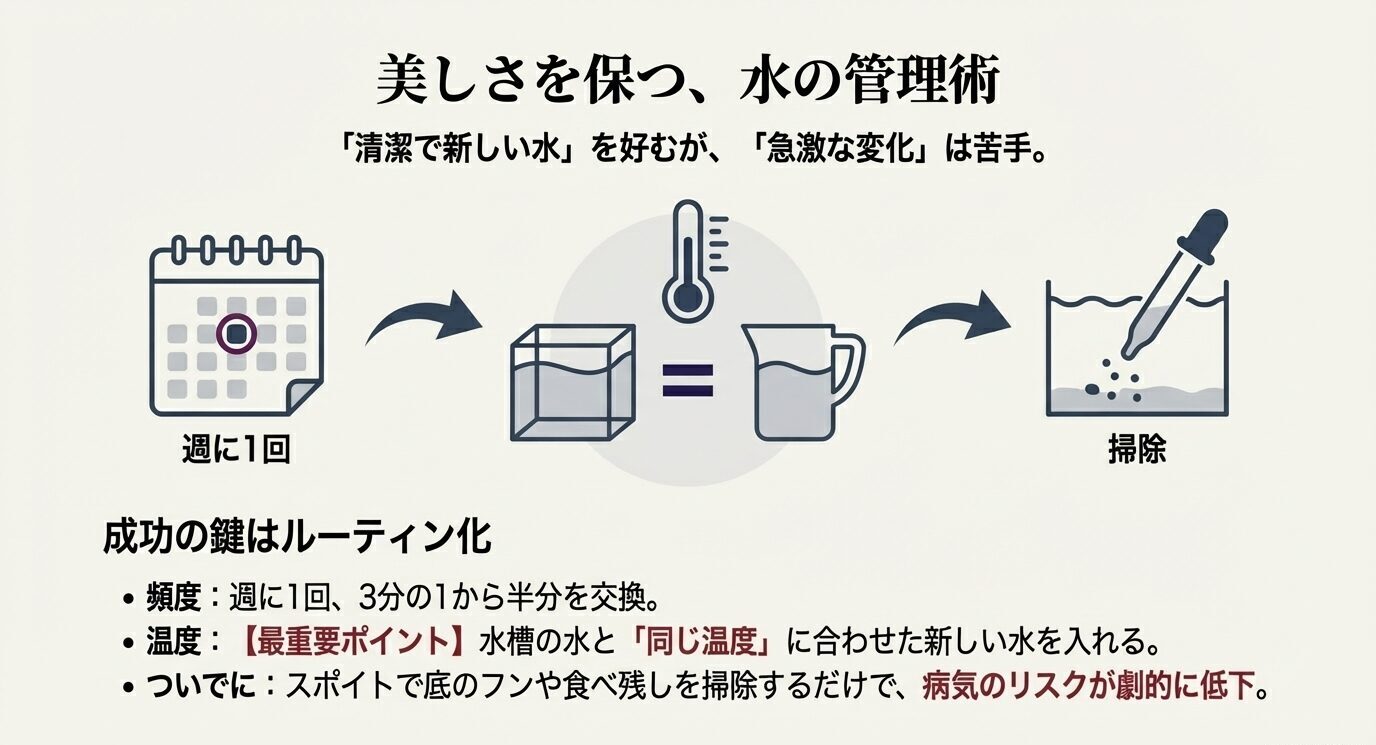 週1回の水換え、温度を合わせた新しい水、底の掃除をアイコンと矢印で示し、急激な変化を避ける重要性を説明したスライド。