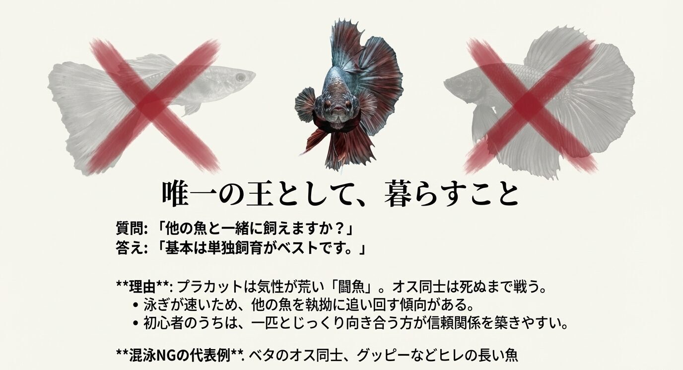 中央にプラカット、左右にバツ印の魚を配置し、単独飼育推奨の理由と混泳NG例(オス同士、ヒレの長い魚など)をまとめたスライド。