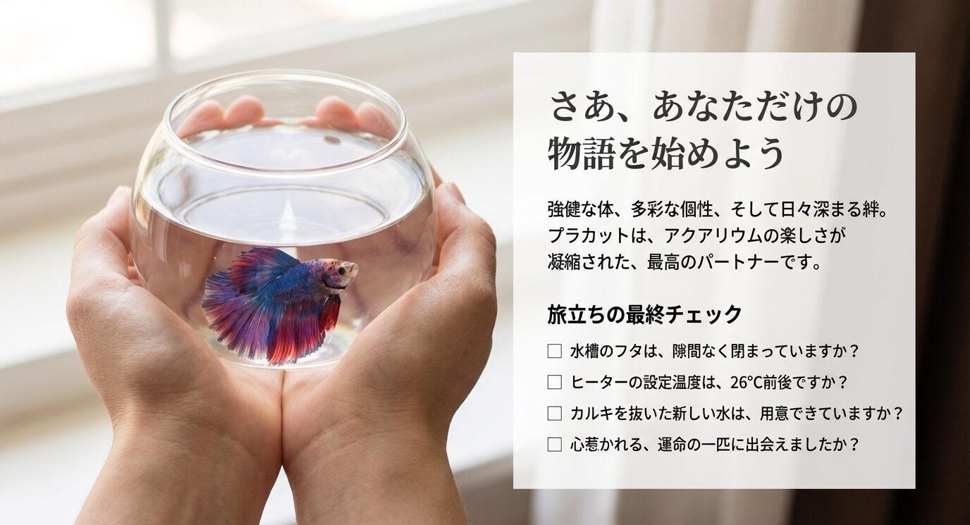 手のひらの丸い器とプラカットの写真に、飼育開始前のチェック項目(フタ、ヒーター26℃前後、カルキ抜き、運命の一匹に出会えたか)を掲載したスライド。