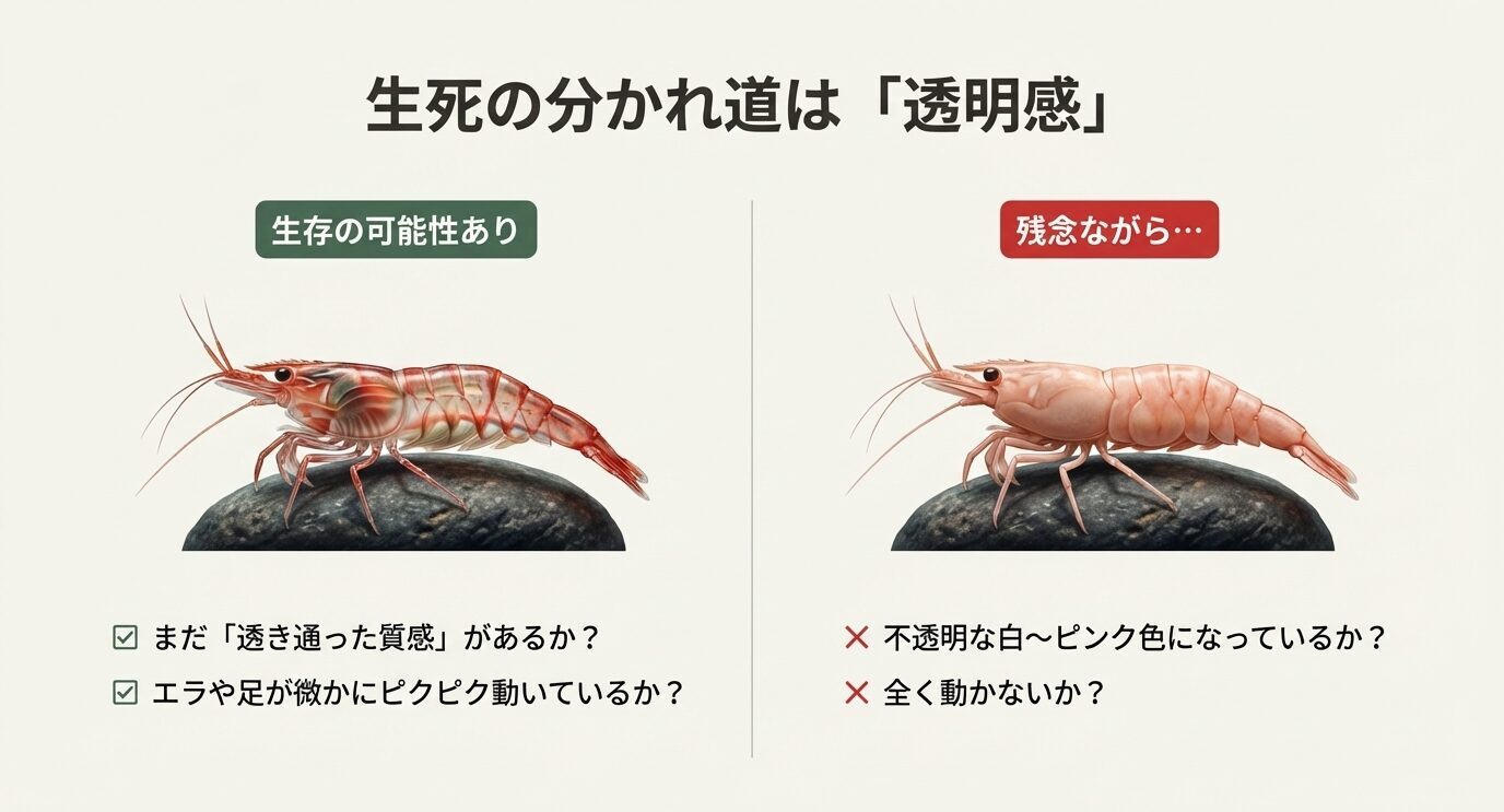 左に透明感が残る赤いエビ(生存の可能性)、右に不透明な白〜ピンクのエビ(死亡の可能性)を対比し、動きやエラ・足の微動、白濁の有無で判断するスライド。