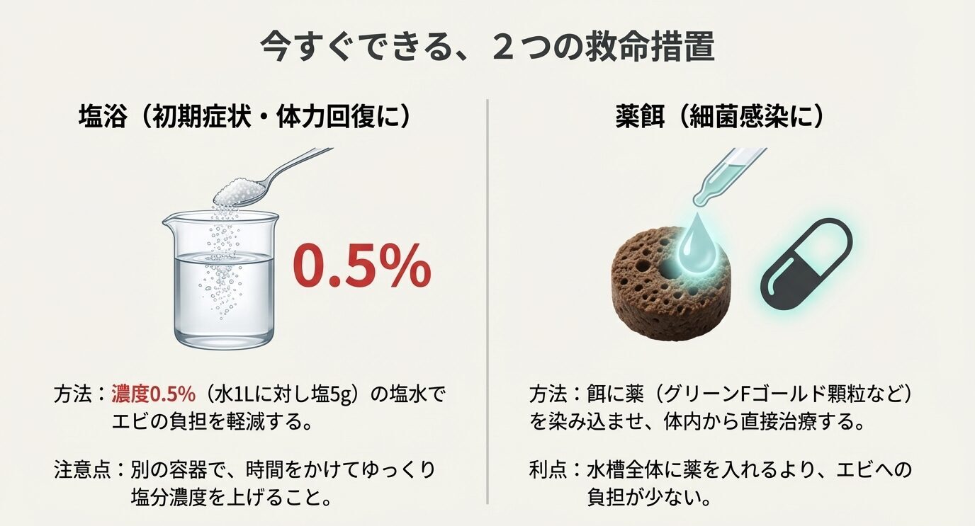左に塩を溶かすビーカーと「0.5%」、右に餌へ薬液を染み込ませる図。塩浴は初期症状・体力回復、薬餌は細菌感染向けで負担が少ないと説明するスライド。