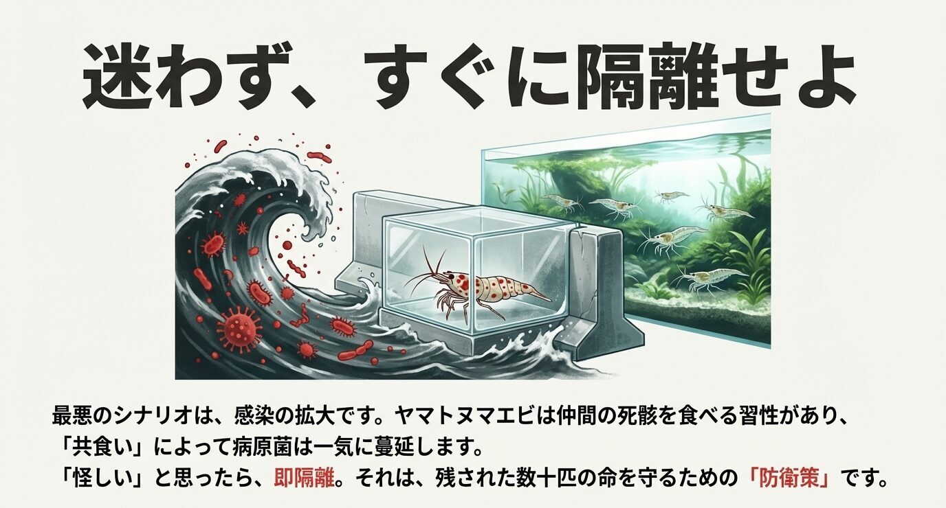 本水槽から隔離ケースへ移すイメージと、感染が波のように広がる図。「怪しいと思ったら即隔離」「共食いで病原菌が一気に蔓延」と警告するスライド。