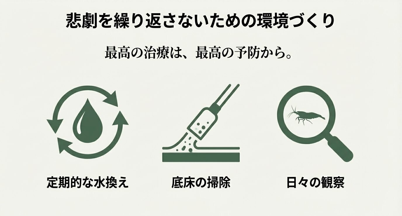 「最高の治療は最高の予防から」という文と、定期的な水換え・底床掃除・日々の観察を表すアイコンが並ぶスライド。