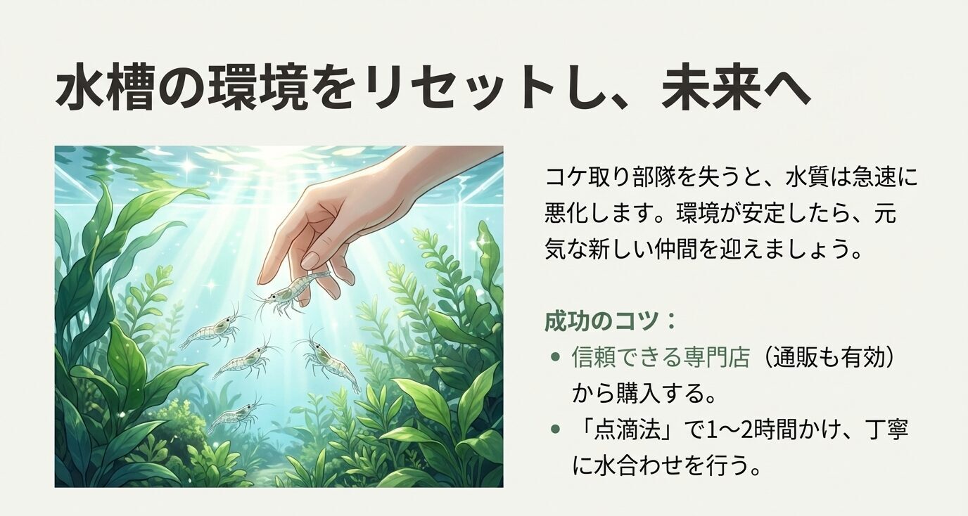 水槽内で手がエビを迎え入れるイメージと、「信頼できる専門店(通販も有効)」「点滴法で1〜2時間かけて水合わせ」のコツを箇条書きで示すスライド。