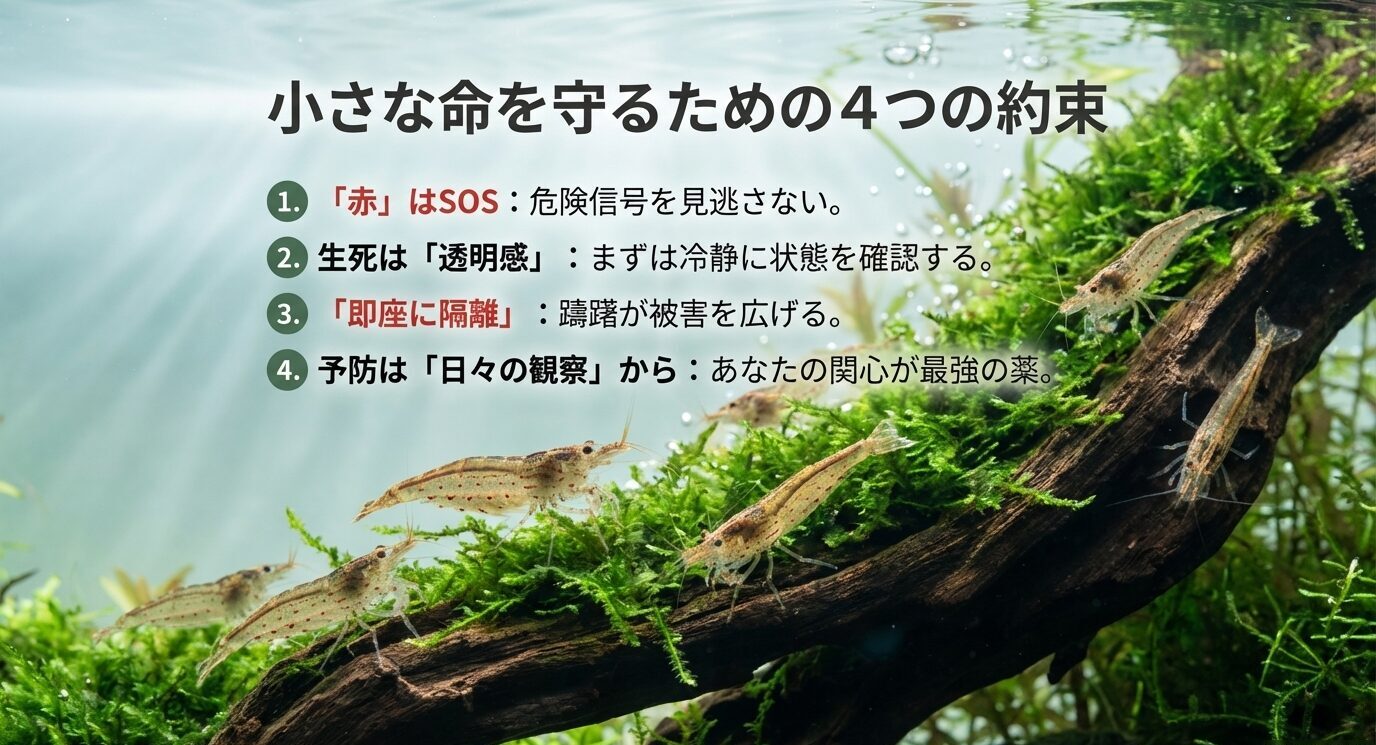 水槽の写真背景に、①赤はSOS ②生死は透明感 ③即隔離 ④予防は日々の観察、の4点を大きくまとめたスライド。