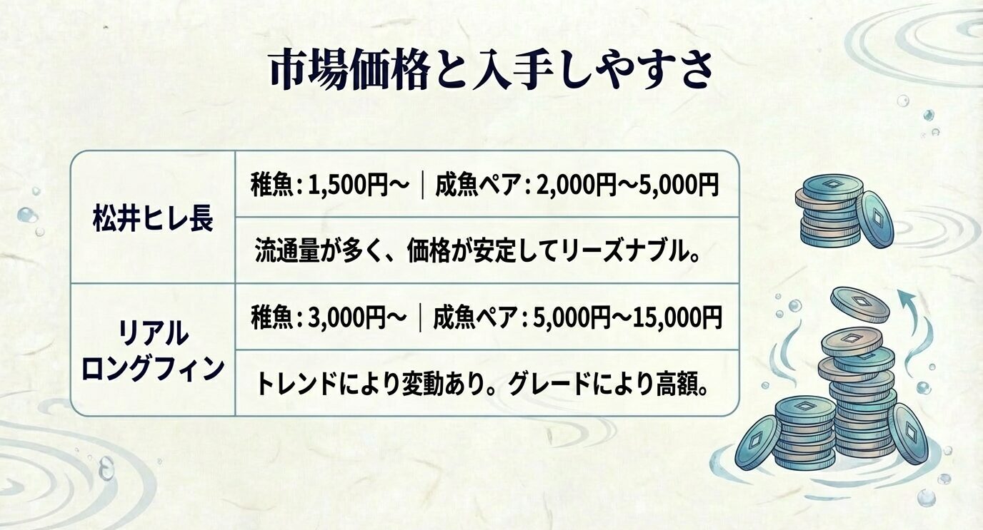 松井ヒレ長とリアルロングフィンの稚魚・成魚ペアの価格目安を比較したスライド。