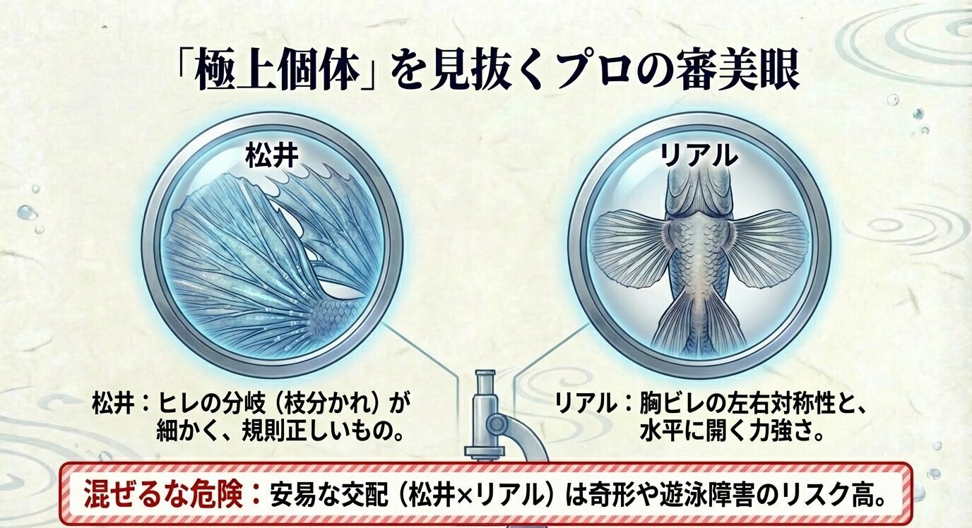 松井はヒレの分岐、リアルは胸ビレの対称性を重視する、プロ視点の選別ポイントと交配の注意点を解説。