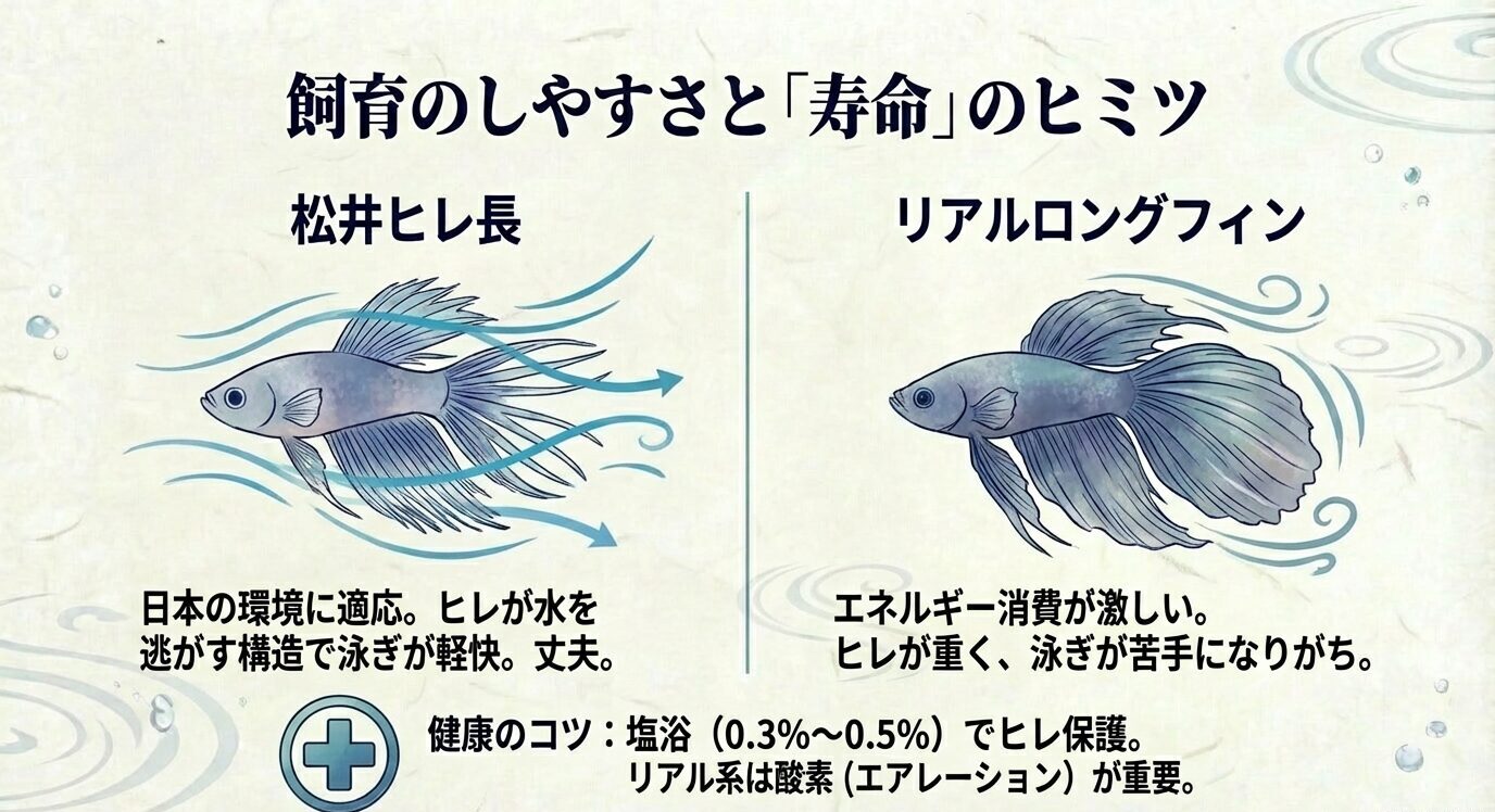 松井ヒレ長の丈夫さと、リアルロングフィンのエネルギー消費の激しさ、塩浴やエアレーションの重要性を解説。