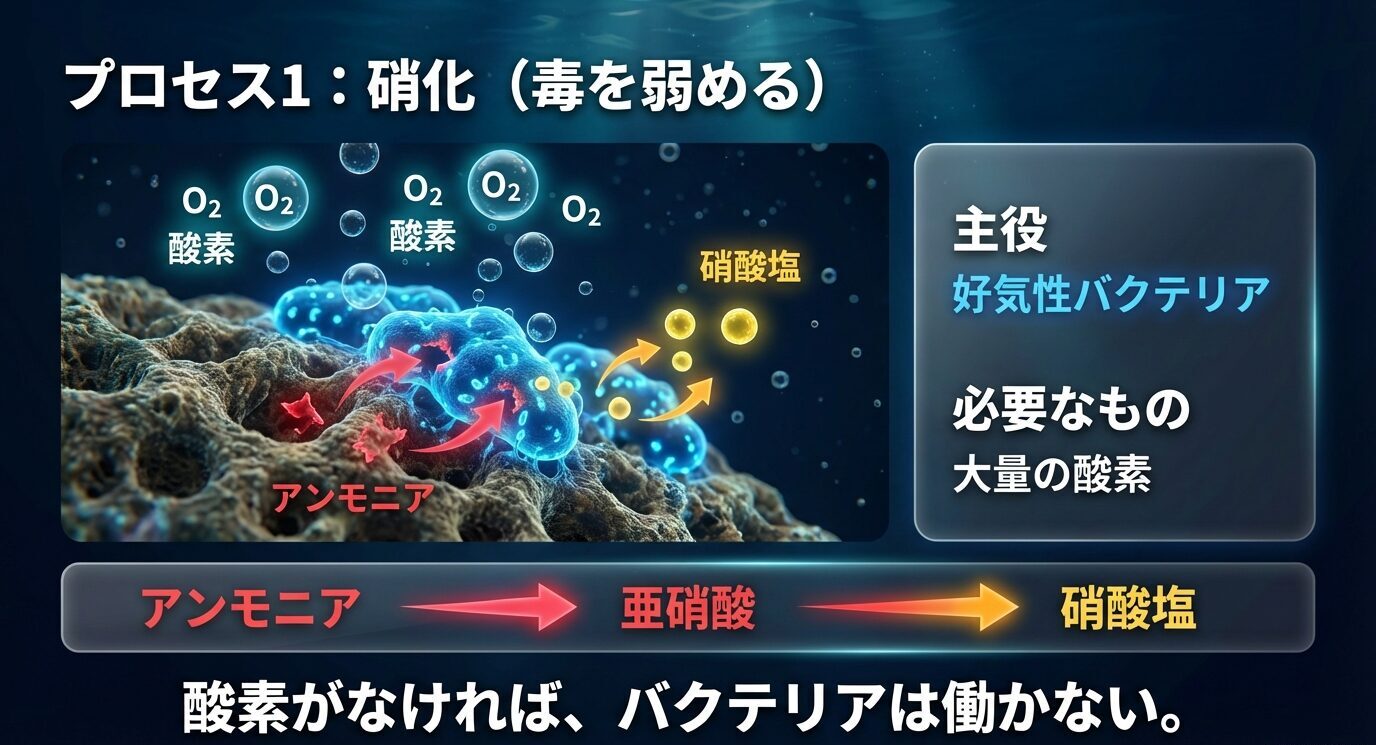 好気性バクテリアが酸素を使い、アンモニア→亜硝酸→硝酸塩へ変える流れを示したスライド(「酸素がなければバクテリアは働かない」)