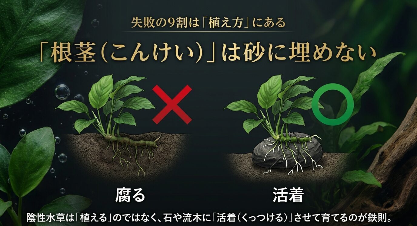 「根茎(こんけい)は砂に埋めない」を強調し、埋めると腐る(×)/石や流木に活着させる(○)を図解で比較している。