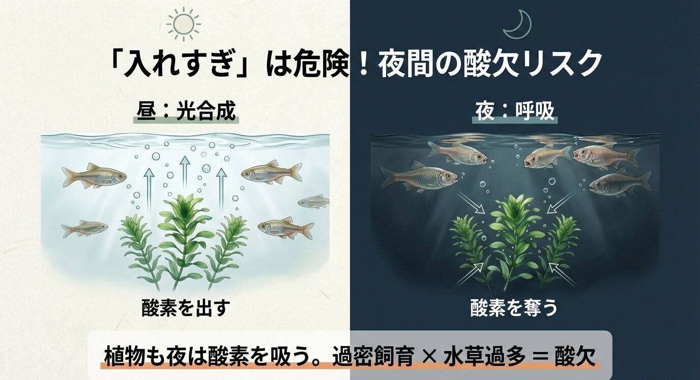 昼は光合成で酸素を出し、夜は呼吸で酸素を奪うことを、昼夜の対比イラストで示した酸欠リスク図。