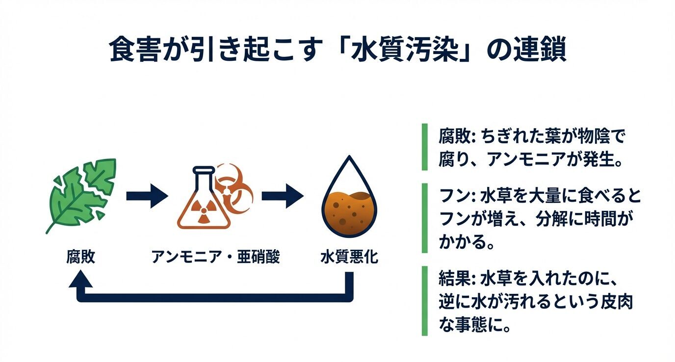 ちぎれ葉の腐敗とアンモニア・亜硝酸の発生、フン増加、結果として水質悪化に至る流れを図解。
