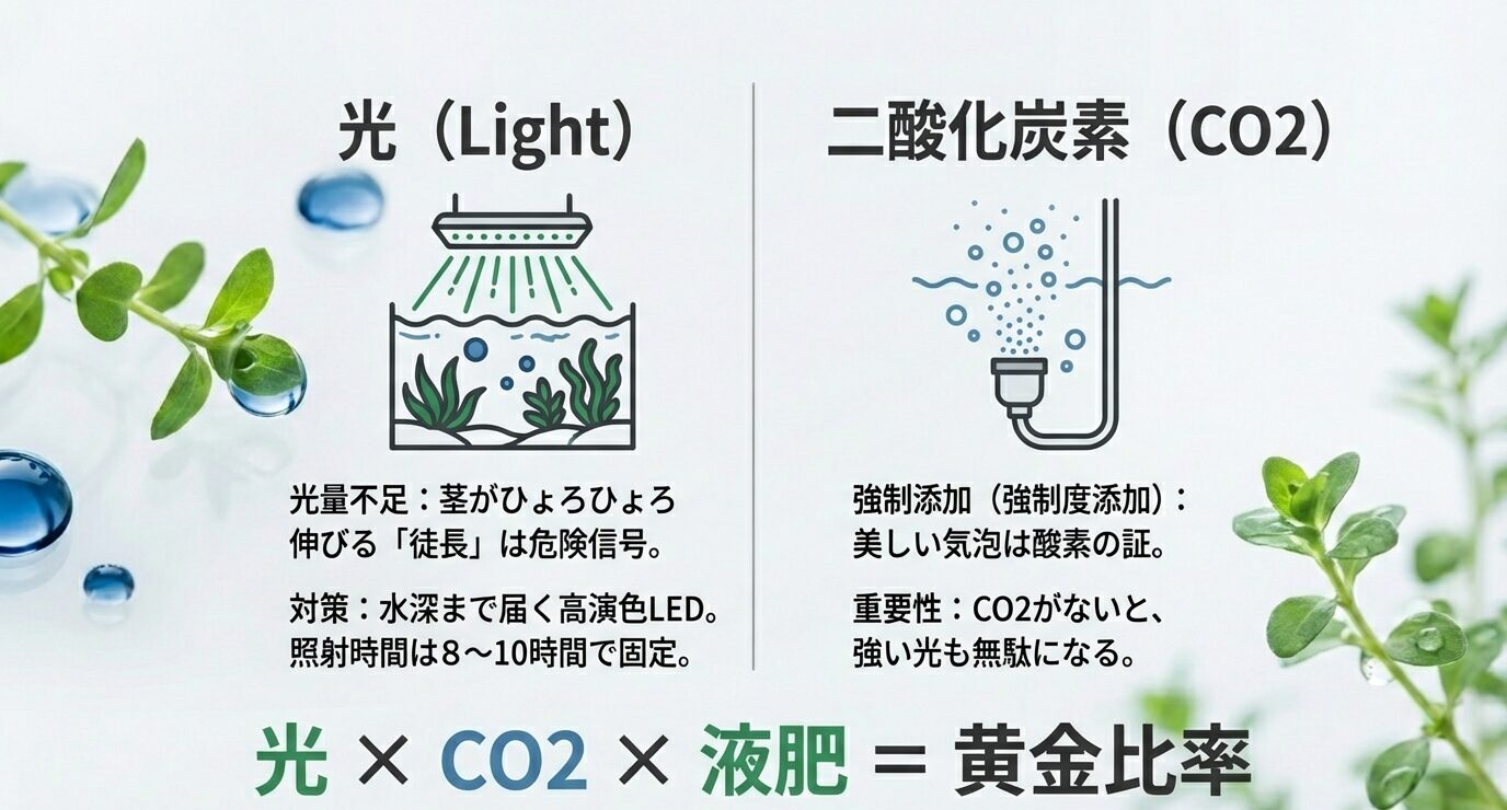 左に「光(Light)」右に「二酸化炭素(CO2)」のアイコンと説明があり、下に「光×CO2×液肥=黄金比率」と書かれている。
