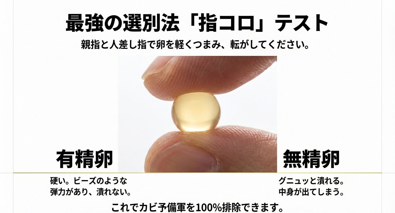 親指と人差し指で卵をつまむ写真とともに、有精卵は硬く弾力があり潰れない、無精卵はグニャッと潰れて中身が出る、という触感の違いを示すスライド。