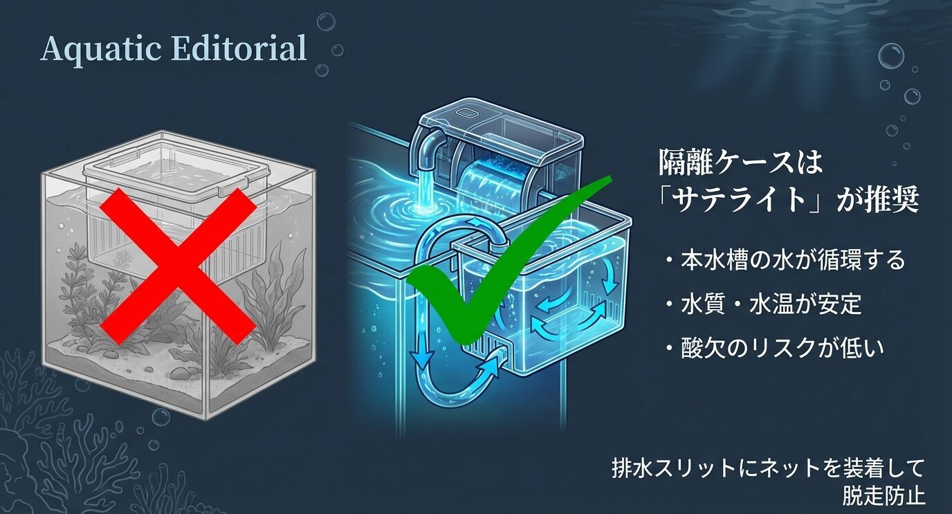 産卵箱は×、サテライト隔離ケースは○として比較。メイン水槽の水が循環し水質・水温が安定、酸欠リスクが低い点を説明。