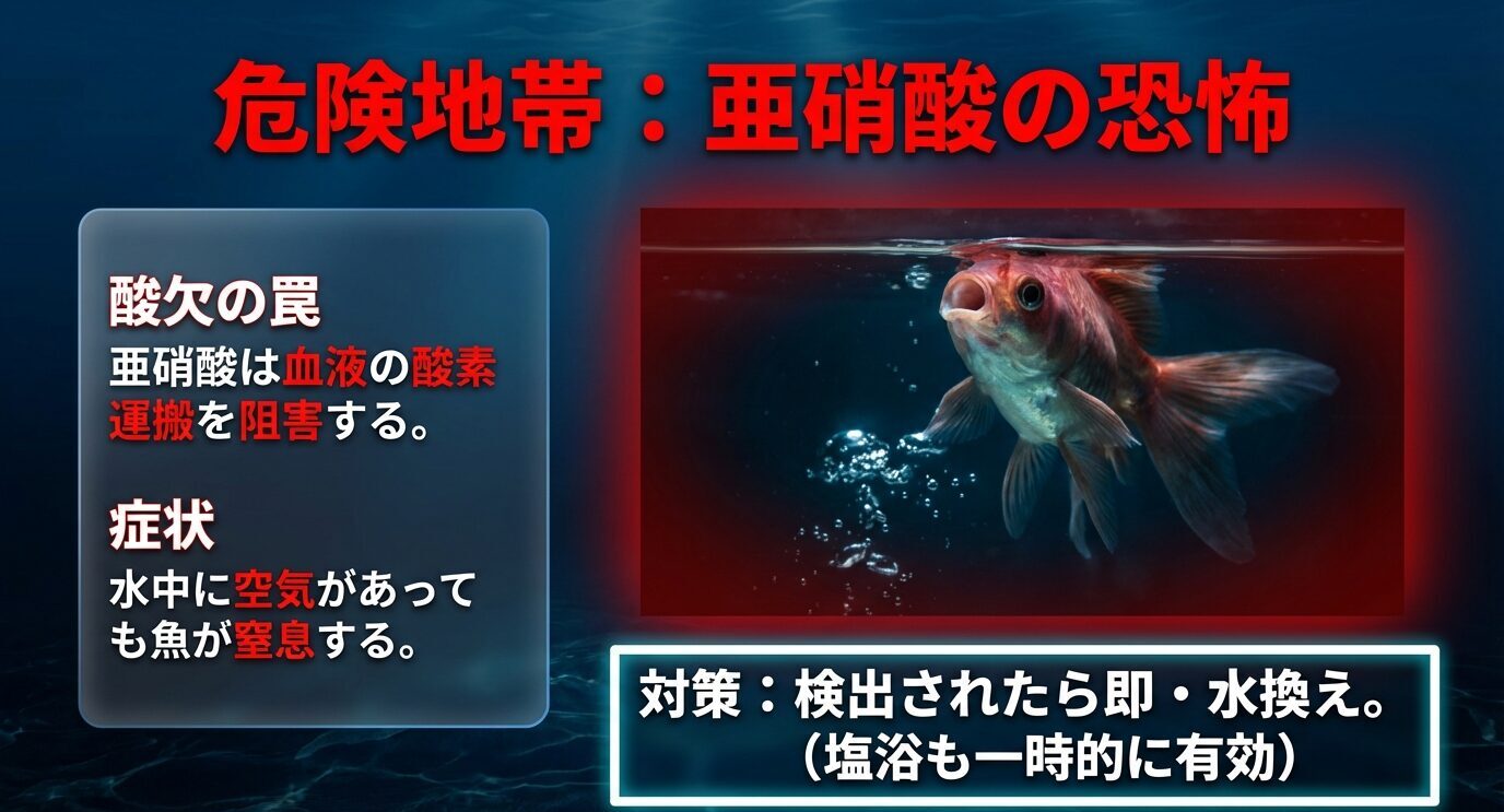 亜硝酸が血液の酸素運搬を阻害し魚が苦しむこと、対策は検出されたら即水換え(塩浴は一時的)と示したスライド