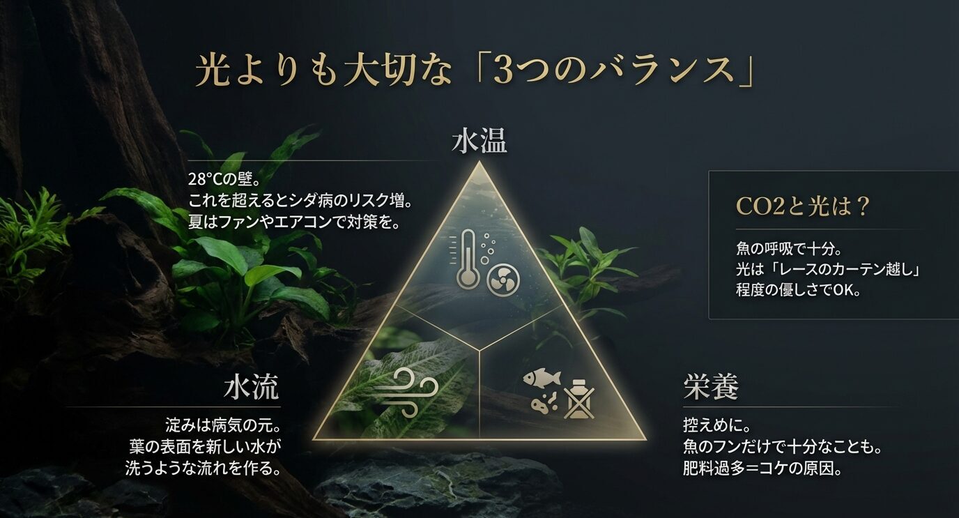 「光よりも大切な『3つのバランス』」として、水温(28℃の壁)、水流(淀みは病気の元)、栄養(控えめがコケ対策)を三角図で示し、CO2と光は控えめでも成立すると説明している。