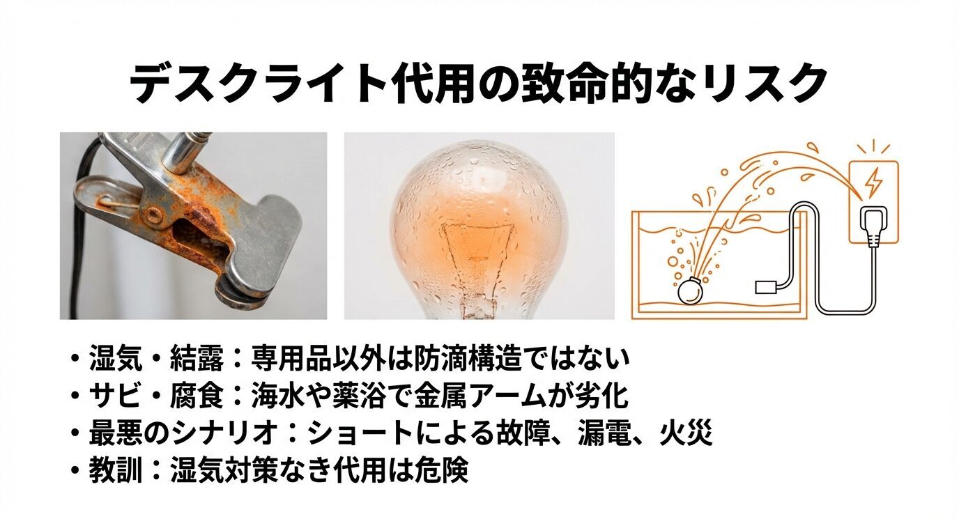 サビた金属クリップ、結露した電球、漏電を示すイラスト。「専用品以外は防滴でない/サビ・腐食/ショート→漏電・火災の最悪シナリオ」と注意喚起するスライド。