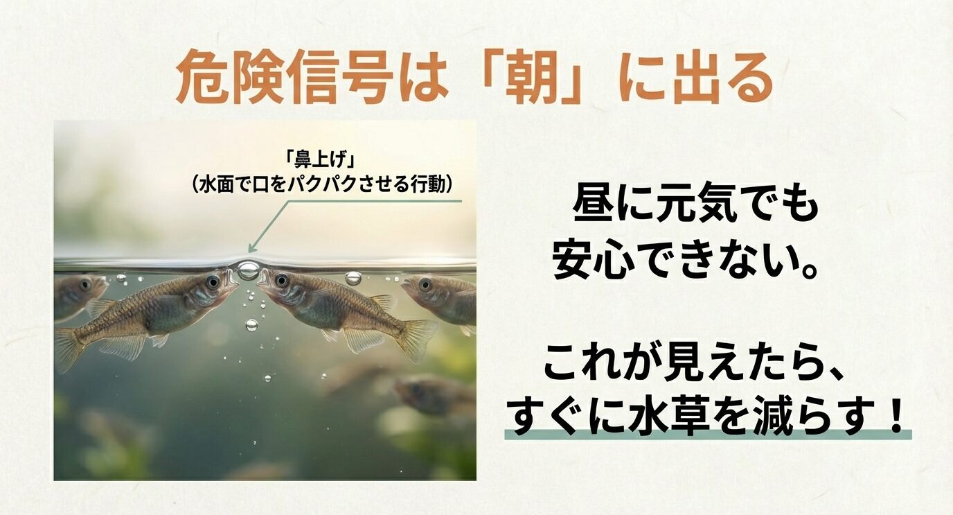 水面で口をパクパクするメダカ(鼻上げ)の写真と、「見えたらすぐに水草を減らす」という注意文。
