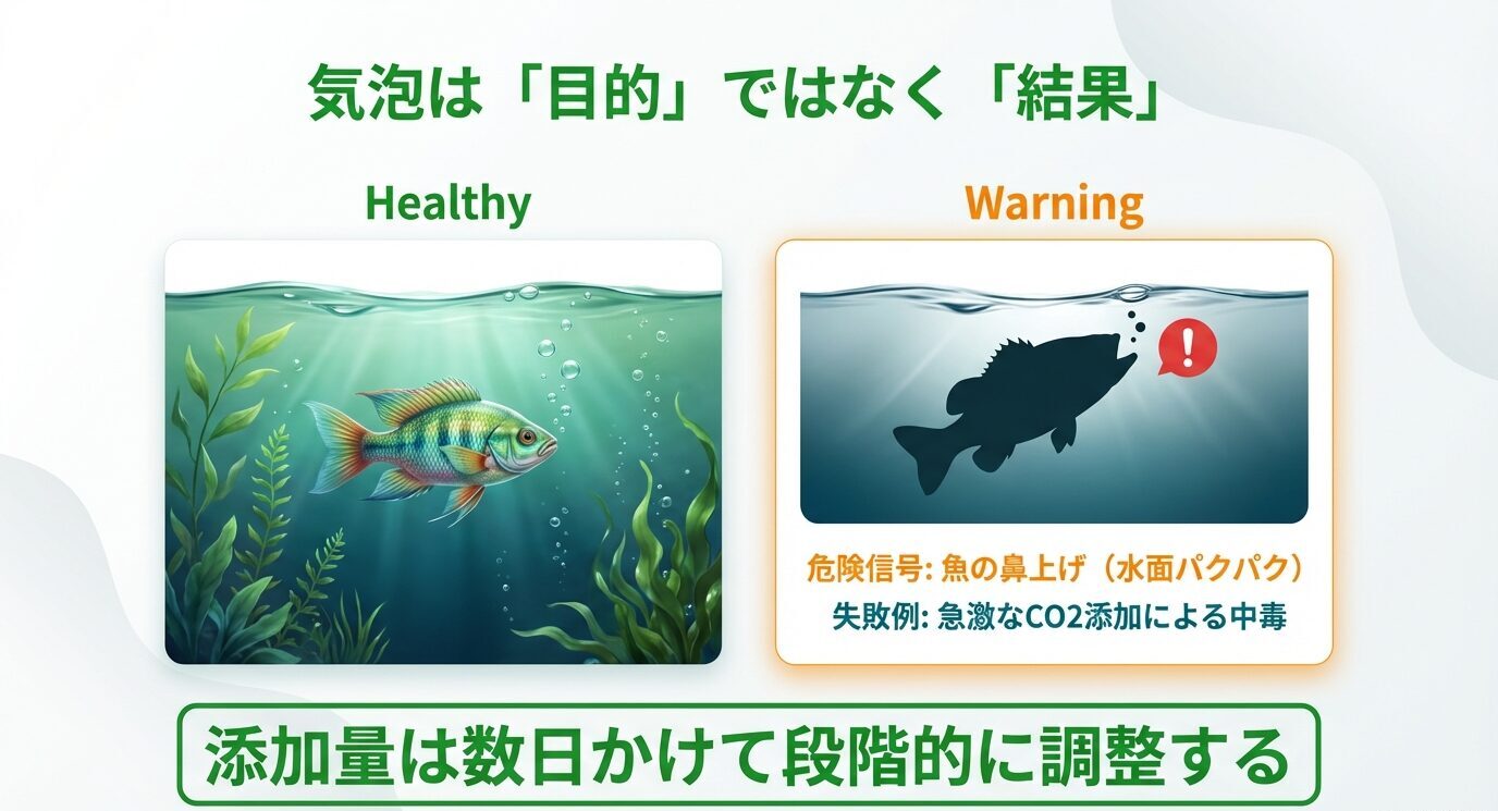 健康的な水槽と警告の対比イラスト。危険信号として「魚の鼻上げ(水面パクパク)」、失敗例として「急激なCO2添加による中毒」。結論「添加量は数日かけて段階的に調整する」とある。